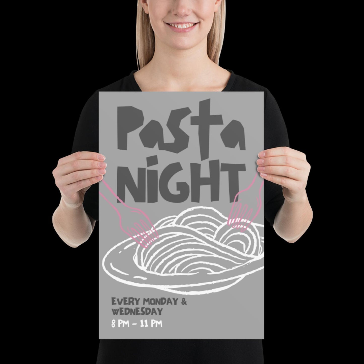Pasta Night Wall Art Poster • Gray and Pink • Pasta Print Poster • Minimalistic Kitchen Wall Art • Aesthetic • Trendy Wall Art