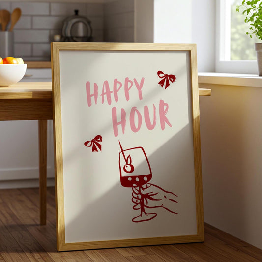 Happy Hour Print | Typographic Poster | Typographic | Trendy | Kitchen Artwork | Bar Cart Art | Drinks | Wall Decor | Gift | Aesthetic