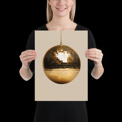 Gold Disco Ball Wall Print | Beige | Mirror Ball | Trendy | Music Poster | Wall Art | Funky | Typographic | A1 A2 A3 | Realistic | Ibiza