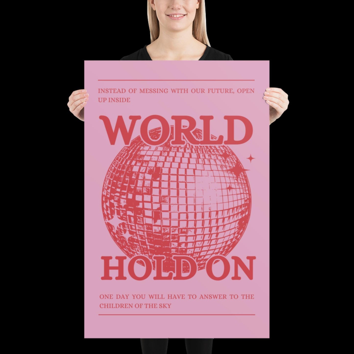 World Hold On Pink and Red Disco Ball Wall Print - Ibiza Colourful Funny Cute Birthday Christmas Gift Unique Leopard Cocktail