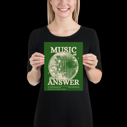Music is the Answer Green Khaki Disco Ball Wall Print -  Ibiza Colourful Funny Cute Birthday Art Gift Unique Funky House Music Poster