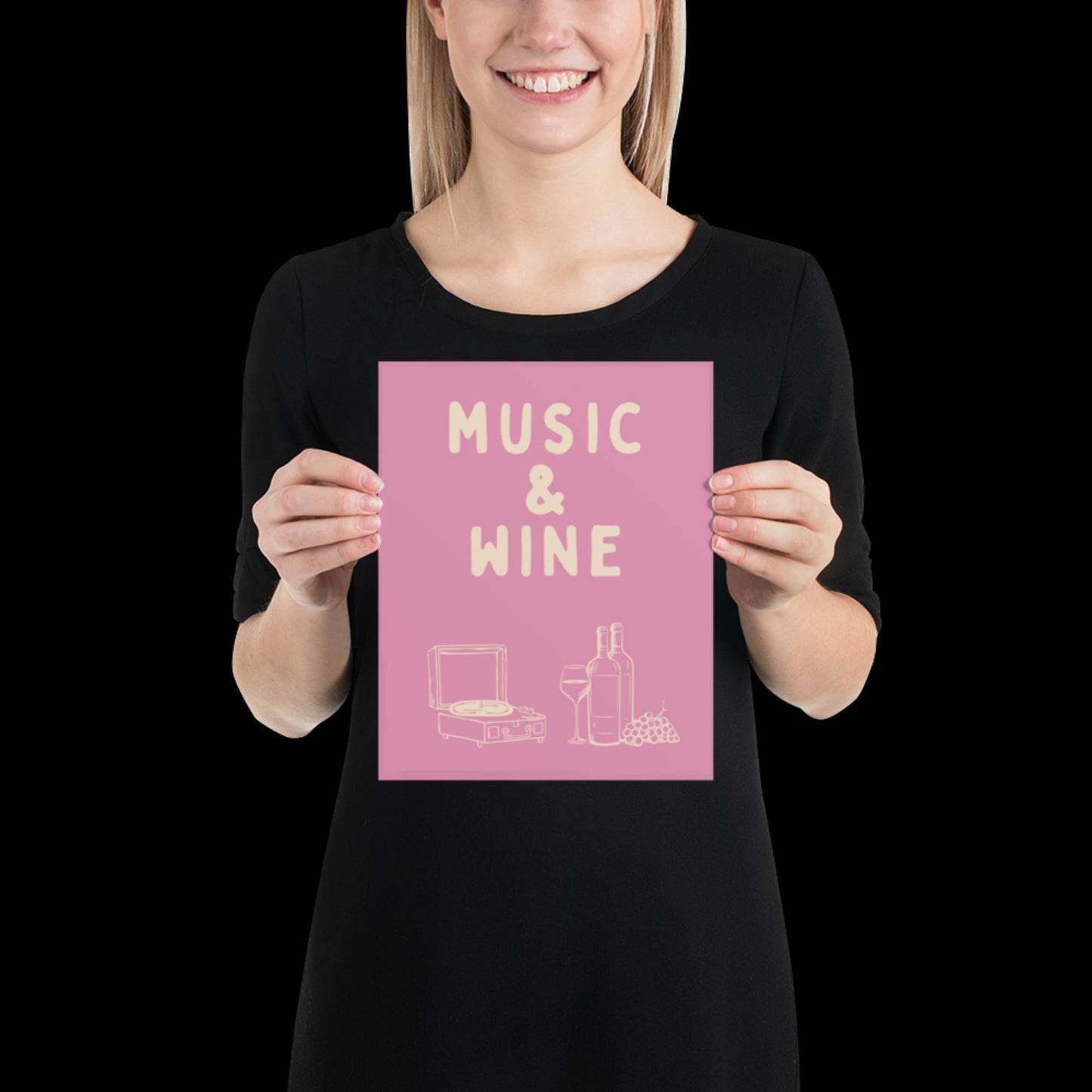 Music and Wine Pink and Beige Wall Print -  Ibiza Colourful Funny Cute Birthday Art Gift Unique Funky House Music Poster Lyrics Kitchen
