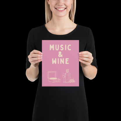 Music and Wine Pink and Beige Wall Print -  Ibiza Colourful Funny Cute Birthday Art Gift Unique Funky House Music Poster Lyrics Kitchen