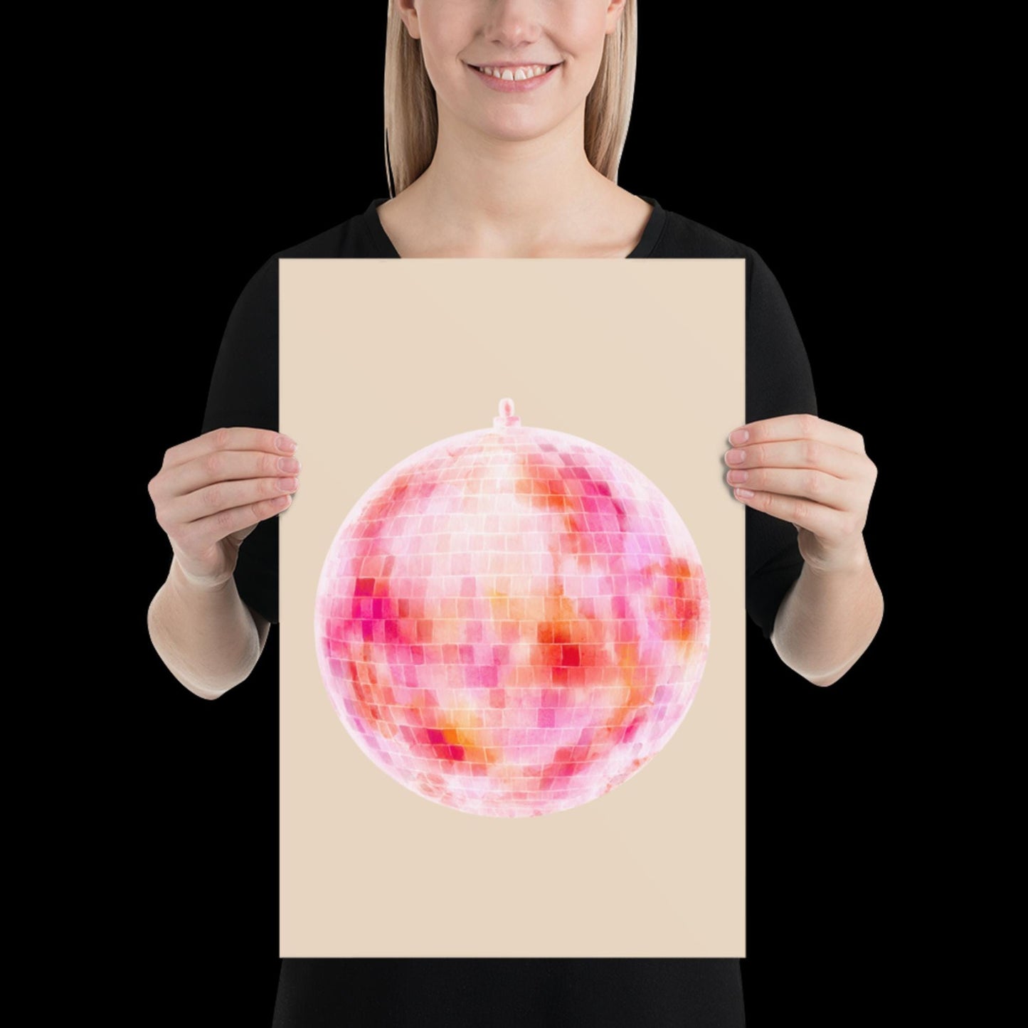 Watercolour Pink Disco Ball Wall Print - Fruit Ibiza Colourful Funny Cute Birthday Christmas Gift Unique Printed Cowboy Leopard