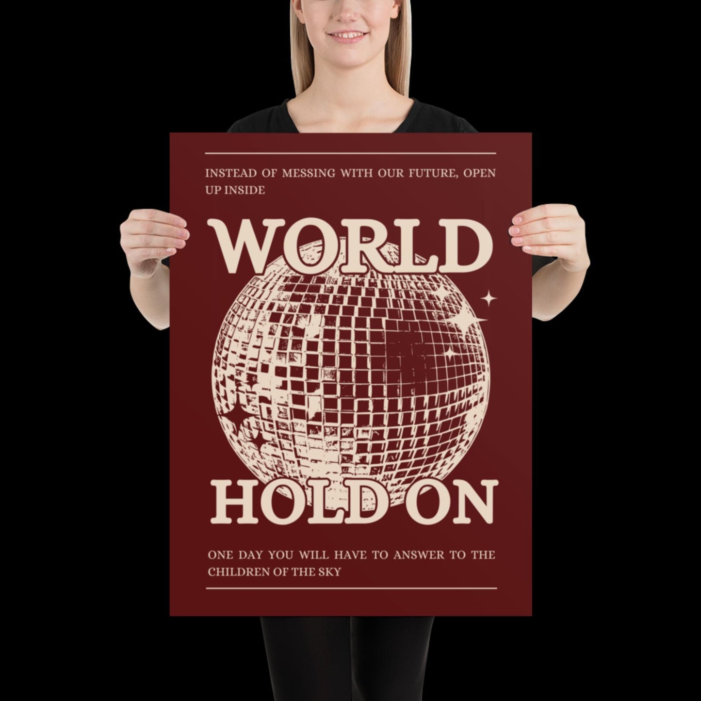World Hold On Cherry Red and Beige Disco Ball Wall Print - Ibiza Colourful Funny Cute Birthday House Music Gift Unique Art Poster Funky