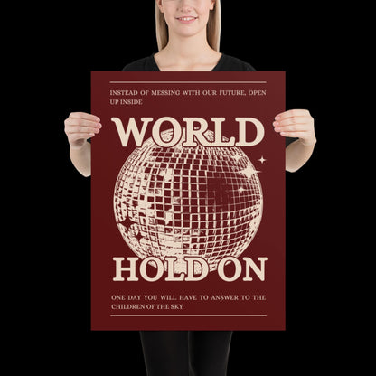 World Hold On Cherry Red and Beige Disco Ball Wall Print - Ibiza Colourful Funny Cute Birthday House Music Gift Unique Art Poster Funky