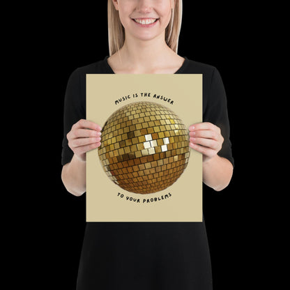 Music is The Answer Gold Disco Ball Wall Print -  Ibiza Colourful Funny Cute Birthday Art Gift Unique Funky House Music Poster Disco