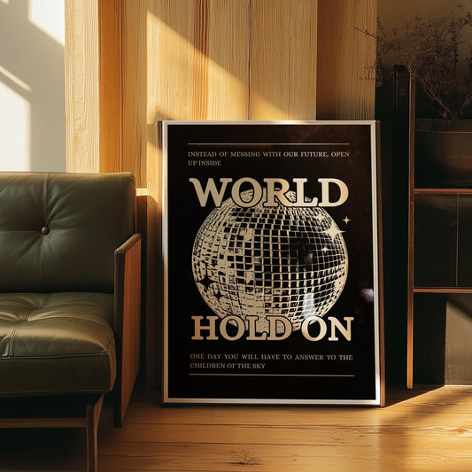 World Hold On Black and Beige Disco Ball Wall Print - Ibiza Colourful Funny Colourful Birthday House Music Gift Unique Funky Cocktail