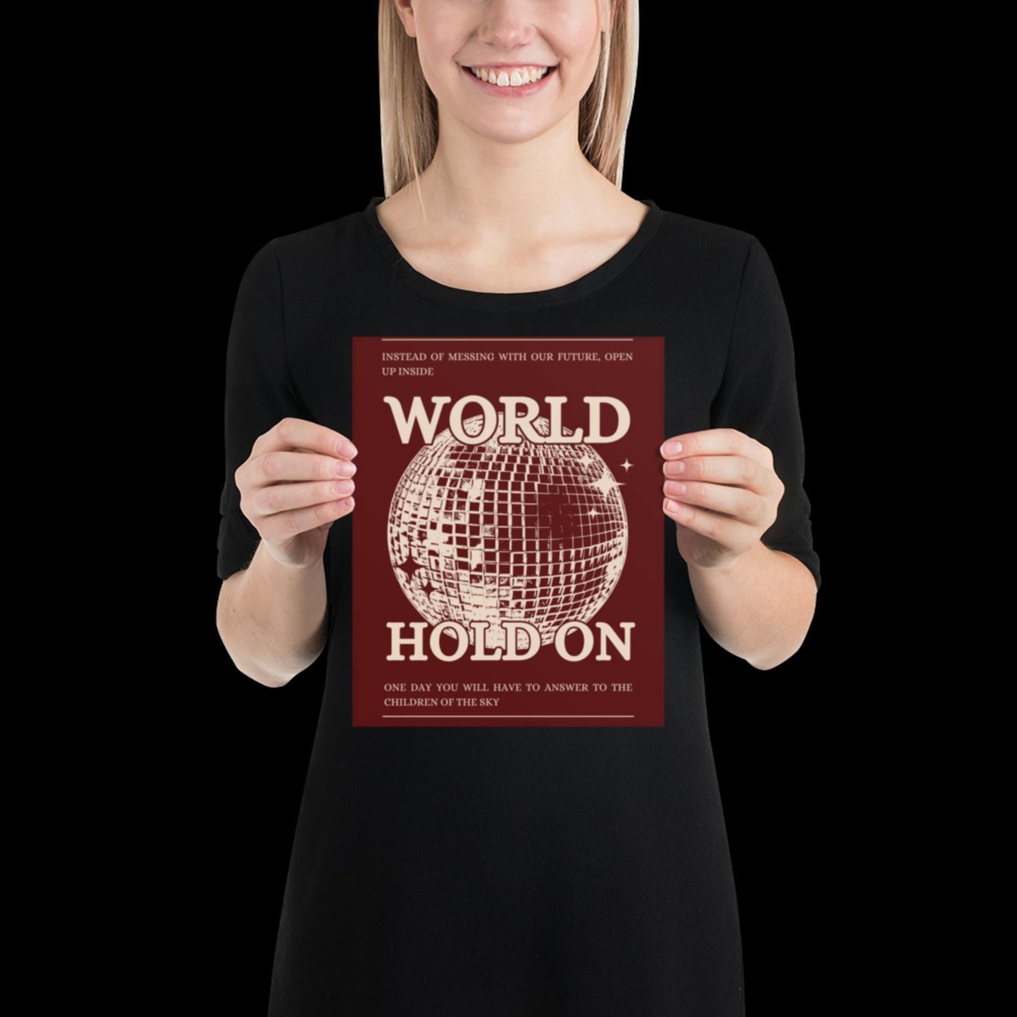 World Hold On Cherry Red and Beige Disco Ball Wall Print - Ibiza Colourful Funny Cute Birthday House Music Gift Unique Art Poster Funky