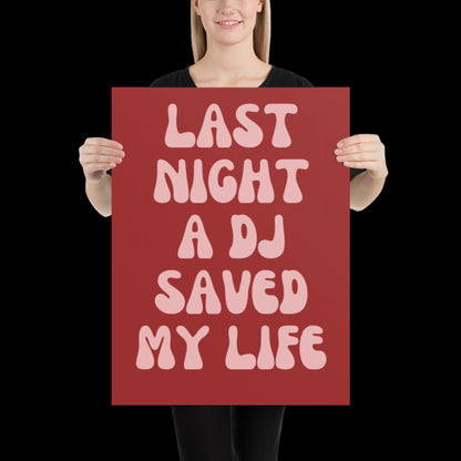 Last Night a DJ Saved My Life Lyrics 001 Red Wall Print - Ibiza Colourful Funny Cute Birthday Art Gift Unique Funky House Music Poster Disco