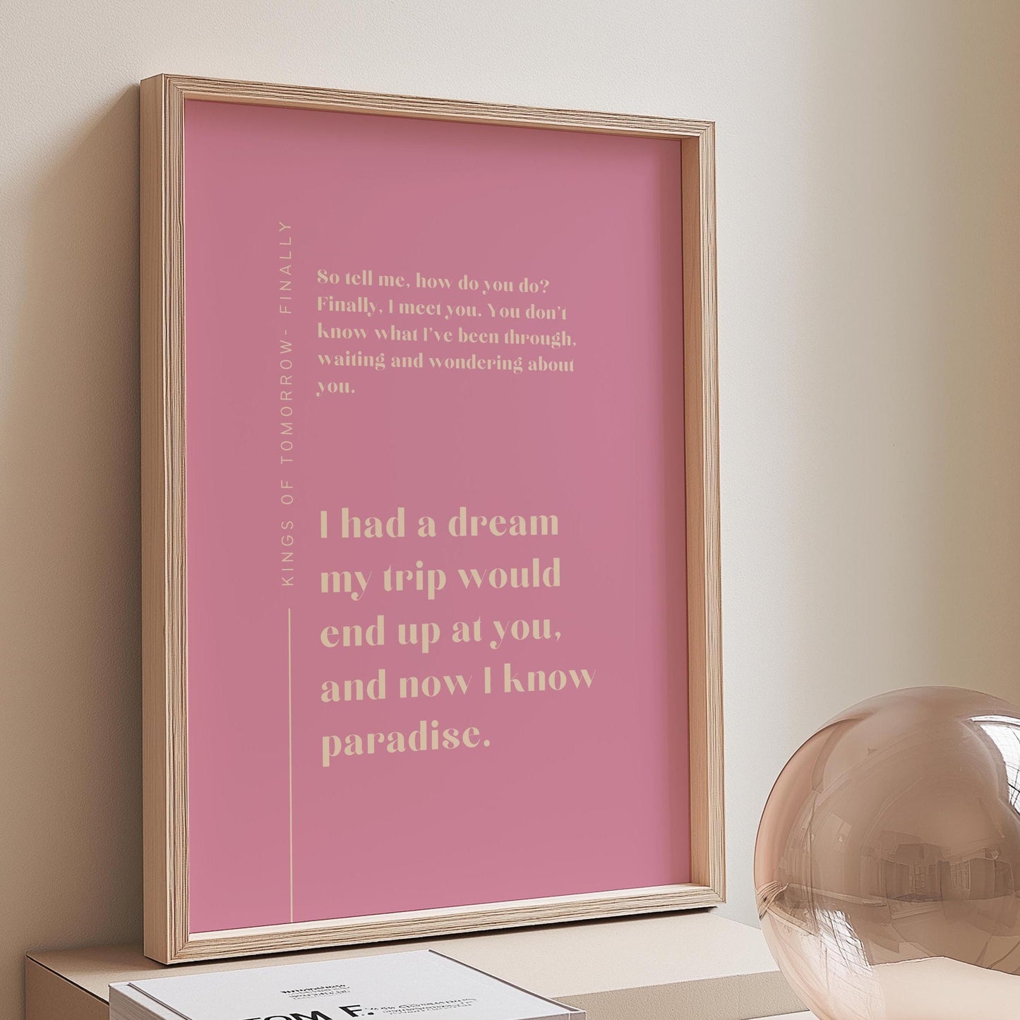 Finally Kings of Tomorrow Inspired Lyric Print Pink and Beige - Ibiza Funky Disco House Music A1 A2 A3 Typographic Disco Ball