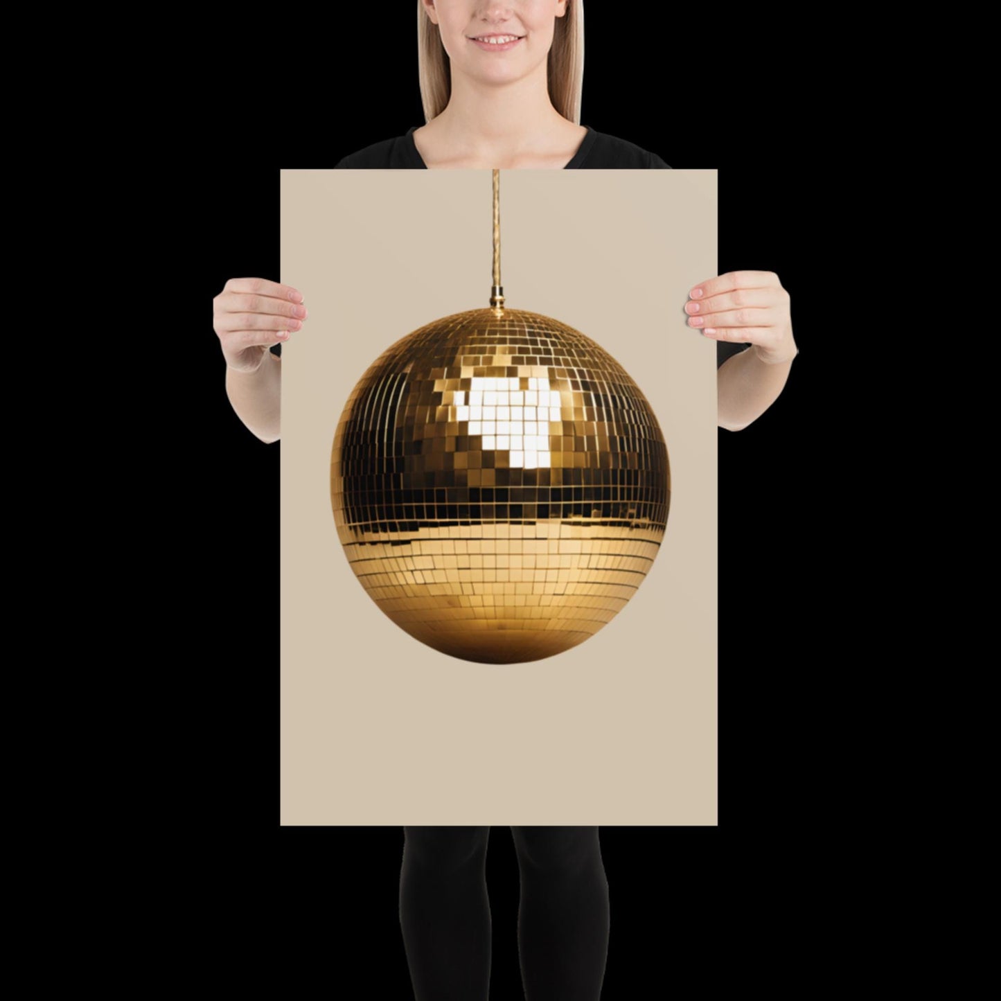 Gold Disco Ball Wall Print | Beige | Mirror Ball | Trendy | Music Poster | Wall Art | Funky | Typographic | A1 A2 A3 | Realistic | Ibiza