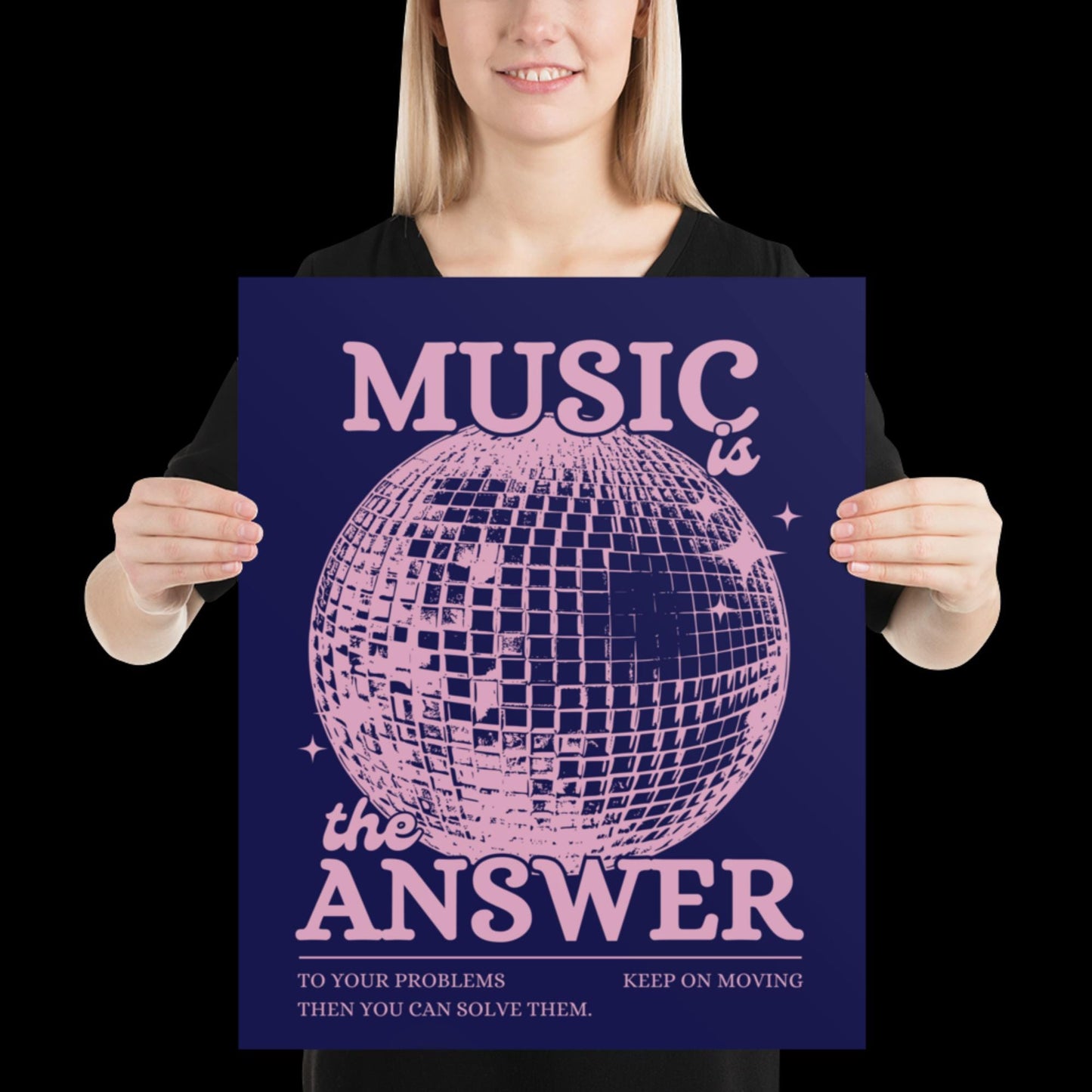 Music is the Answer Navy Blue and Pink Disco Ball Wall Print - Ibiza Colourful Funny Cute Birthday Christmas Gift Unique Leopard Cocktail