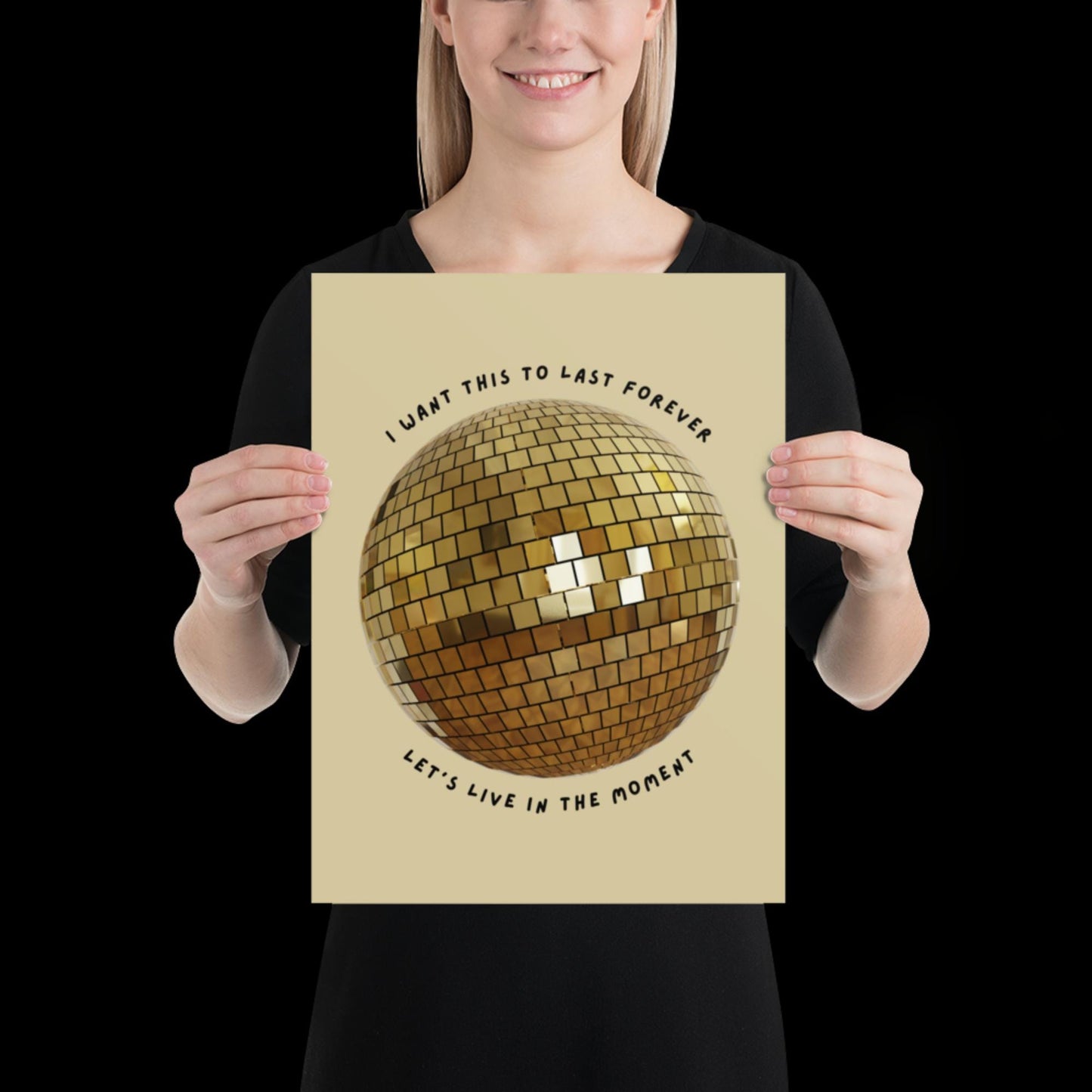Let's Live in The Moment Gold Disco Ball Wall Print -  Ibiza Colourful Funny Cute Art Gift Unique Funky House Music Poster Lyrics
