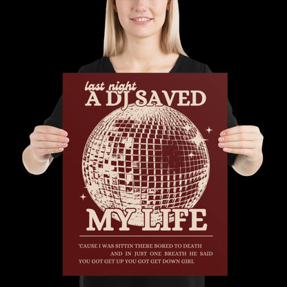 Last Night a DJ Saved My Life Red and Beige Wall Print - Ibiza Colourful Funny Cute Birthday Christmas Gift Unique Leopard Disco Ball