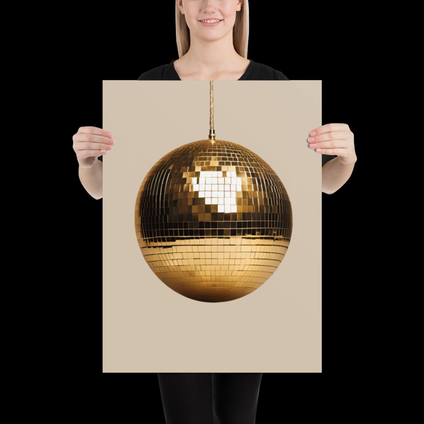Gold Disco Ball Wall Print | Beige | Mirror Ball | Trendy | Music Poster | Wall Art | Funky | Typographic | A1 A2 A3 | Realistic | Ibiza